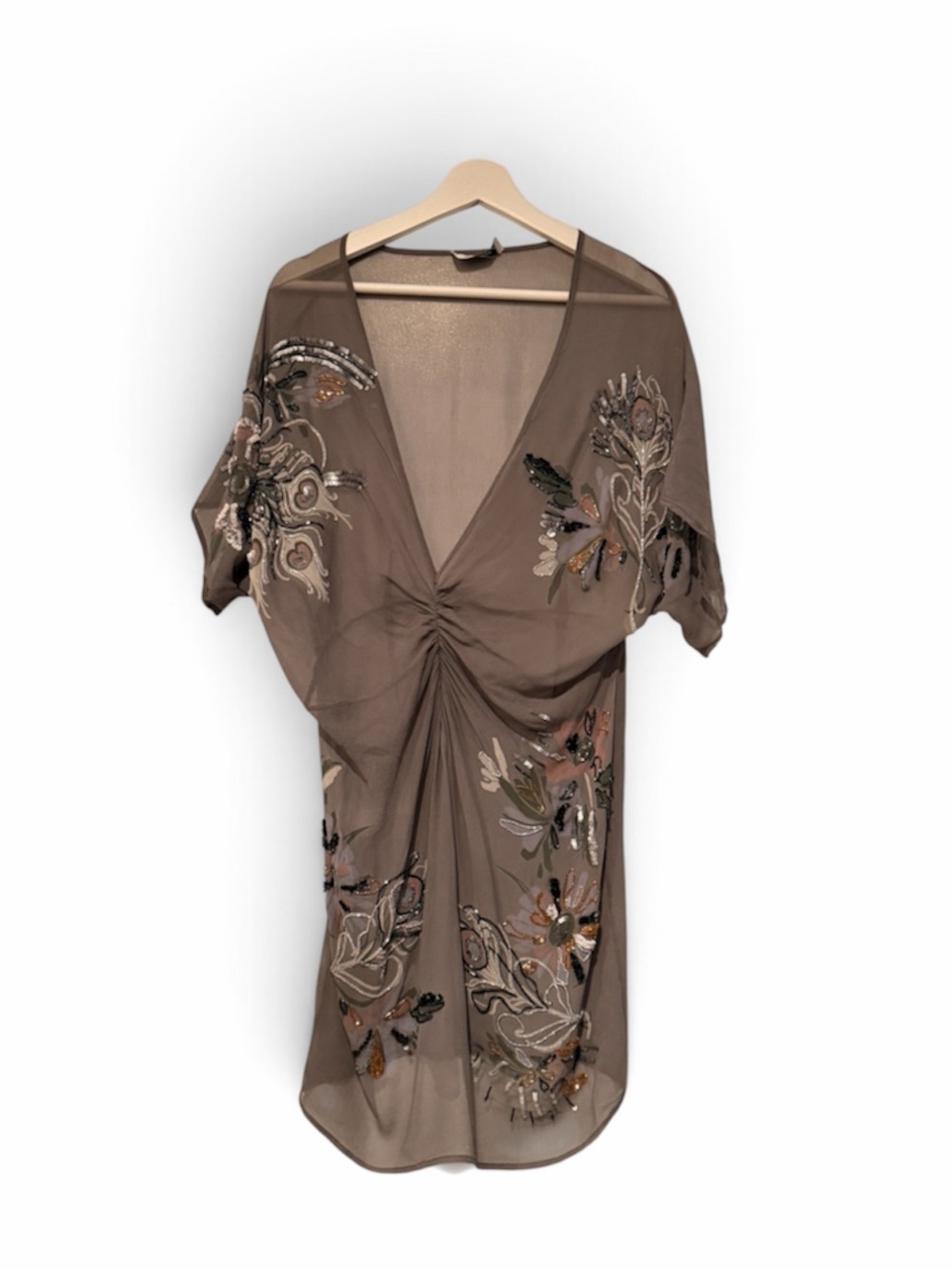 Patra Taupe Embellished V-Neck sheer cover up Tunic